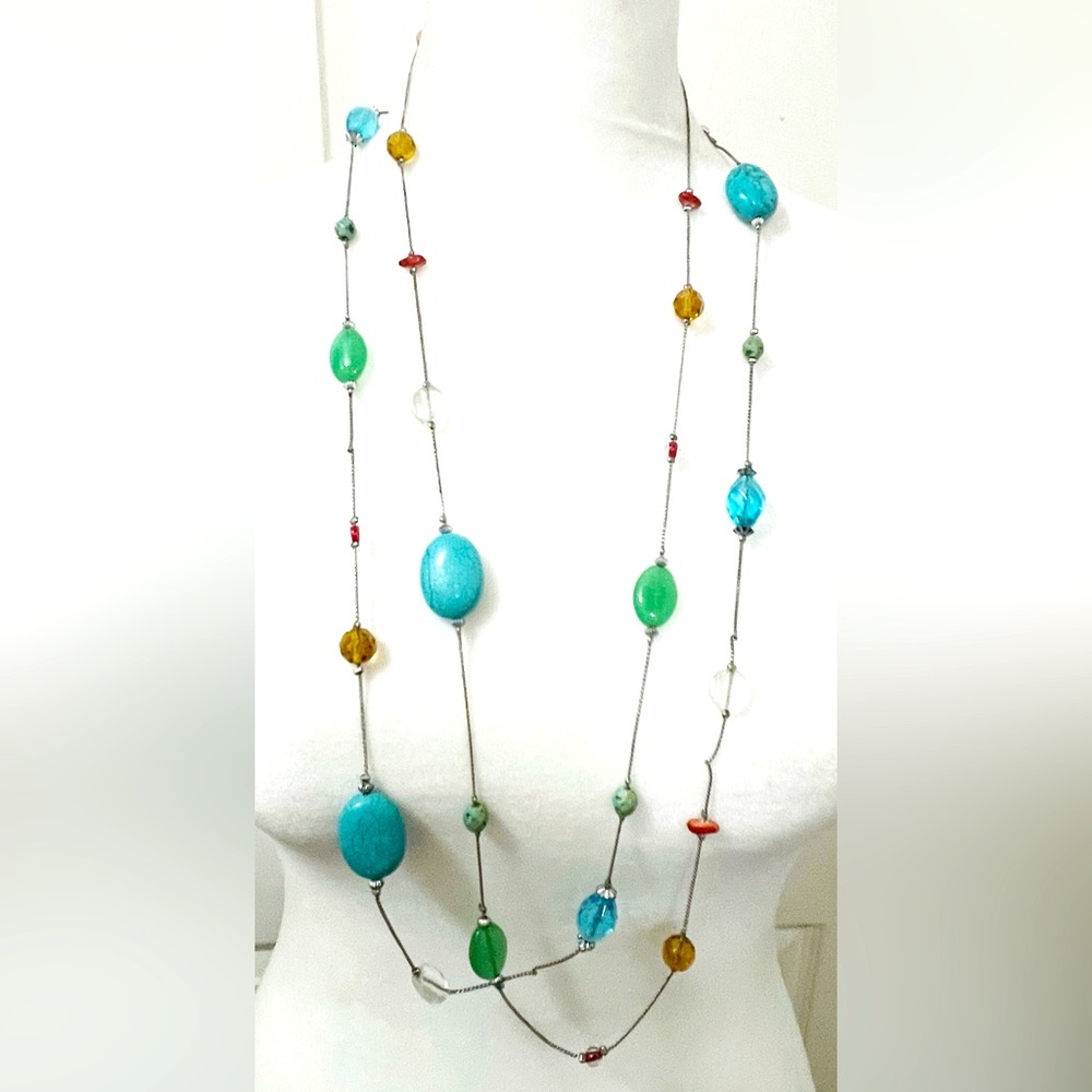 Vintage Murano Rare Mixed Aqua Blue and Green Colored Gemstone long Necklace